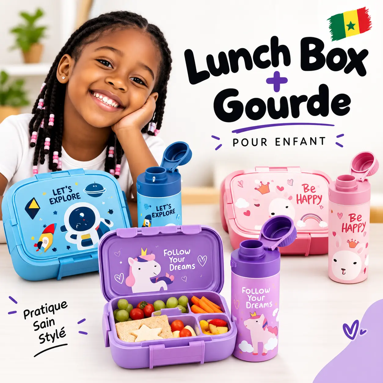 Ensemble 2-en-1 de boîte repas pour enfants + gourde, récipient de conservation des aliments pour l’école - Livraison gratuite partout au Sénégal