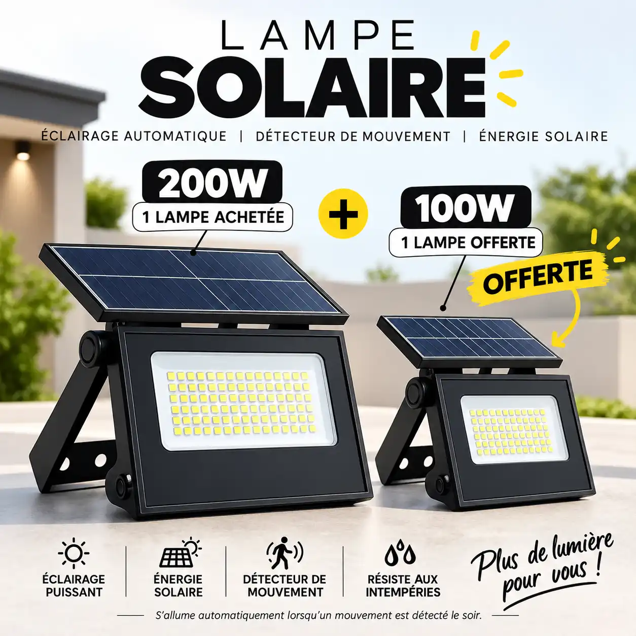 Pack 2 lampes projecteur solaire détecteur de mouvement 200w + 100w