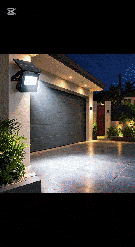 Projecteur solaire LED éclairant un garage la nuit - démonstration