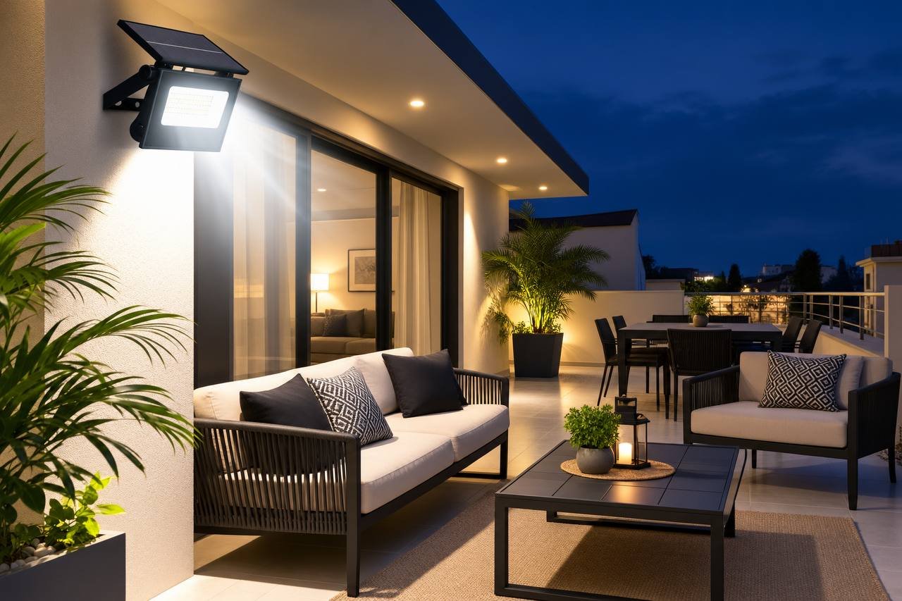 Projecteur solaire éclairant une terrasse le soir