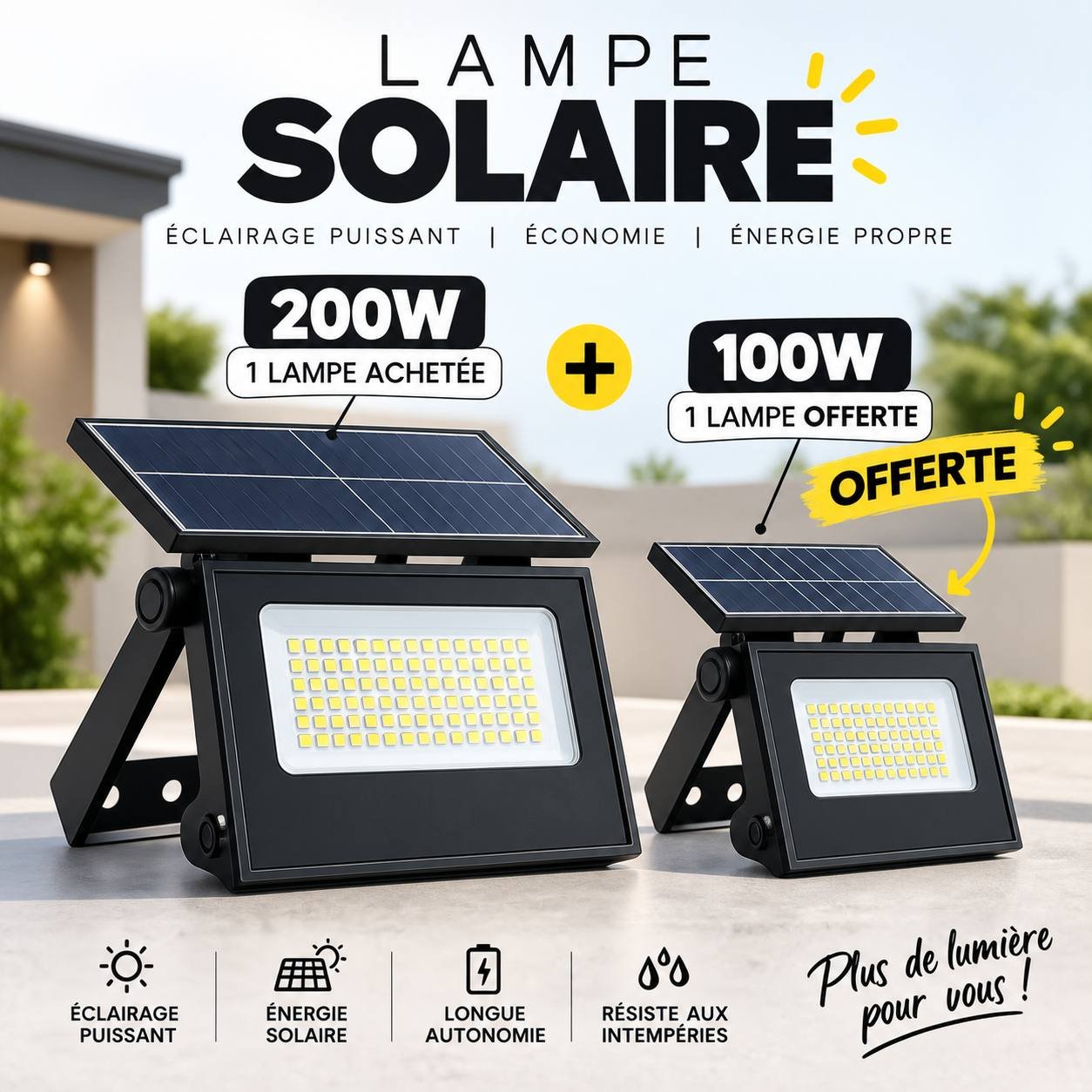 Pack 2 Lampes Projecteur Solaire 200w + 100w 8h à 12h d'autonomie - ( Livraison gratuite )